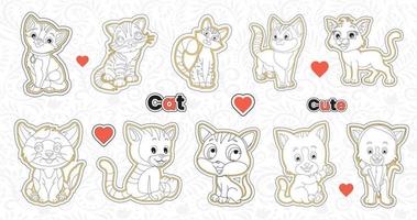 einstellen von süß Valentinstag Katze Aufkleber Sammlung druckbar Tier Aufkleber bündeln mit Hand gezeichnet Karikatur Charakter Stil Katze Emotionen Vektor Design komisch Spaziergang Haustiere Abbildungen zum Kinder