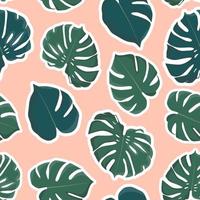 Monstera Blätter Silhouette mit Weiß Gliederung Muster auf modisch Koralle Hintergrund. eben Illustration Stil zum Verpackung Papier, Hintergrund, Stoff, Textil- vektor