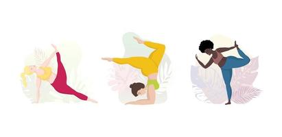 Vektor Illustration einstellen mit Yoga und gesund Lebensstil Sport und Körper positiv konzept.jung glücklich übergroß Frauen im Yoga Position. zum Handy, Mobiltelefon App Seite oder Webseite Banner Yoga Klassen
