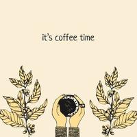 Hand gezeichnet Vektor Illustration mit Jahrgang Konzept zum organisch Kaffee Geschäft oder Cafe. Kaffee Baum mit Beeren und ein Tasse mit Kaffee im Hände - - oben Sicht. Vorlage zum Banner, Poster oder branding