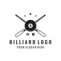 biljard och kö pinne kreativ logotyp mall design. logotyp av sport spel biljard, klubb, turnering och mästerskap. vektor