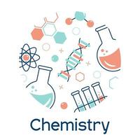 Banner auf das Thema von Chemie mit Flaschen, Prüfung Rohre, Moleküle. Vektor eben Illustration