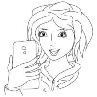 flicka tar en selfie, översikt porträtt av en ung kvinna med vågig hår vektor