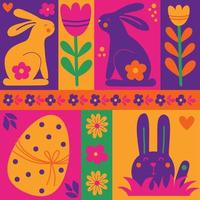 Ostern bunt abstrakt Elemente Fliesen Satz. modern Muster geometrisch abstrakt Stil. Ostern Eier, Kaninchen, Blumen. Vektor Illustration. minimal Hand gezeichnet Stil eben Poster, Abdeckung, Postkarte.