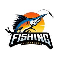 Marlin Fisch Logo isoliert im Weiß Hintergrund .Schwert Fisch Angeln Emblem zum Sport Verein, Angeln Turnier, Angeln Logo Design Vorlage Illustration. vektor