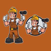 Handwerker oder Baumeister-Cartoon-Mann, der Arbeitskleidung trägt, während er einen Hammer hält und Daumen aufgibt. Bauwartungsarbeiter oder DIY-Charakter-Maskottchen im Cartoon-Stil. Vektorillustration