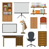 hemrum och kontorsinredningskonstruktör med tecknade kontorsmöbler, bord, bokhylla, kontorsstol, skåpdekorationer och andra element. företagets arbetsplats skapare i platt design vektor