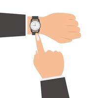 menschliche Hände mit dem flachen Karikaturikonenstil der Uhr. Ein männlicher Zeiger benutzt eine Uhr, während er die Zeit auf seiner Uhr zeigt, die auf weißem Hintergrund isoliert ist. Zeitmanagement-Konzept. Vektor-Design-Elemente vektor