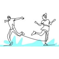kontinuierliche einzeilige Zeichnung von Volkstänzern. junge energische Männer und Frauen üben das Tanzen, um isoliert auf weißem Hintergrund durchzuführen. professionelles Tänzerkonzept. Vektor minimalistisches Design
