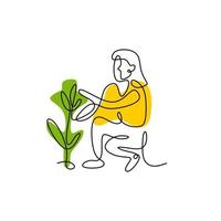 en enda linje ritning av ung mamma som planterar en växt hemma. glad kvinna som älskar trädgårdsskötsel tar hand om sina växter. trädgårdsskötsel eller planteringskoncept. minimalistisk stil. vektor illustration