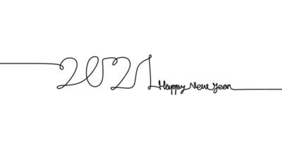 kontinuierliche einzeilige Zeichnung eines 2021 mit glücklich geschriebenem Neujahrstext handgeschriebene Beschriftung minimalistische schwarze Strichgrafikskizze lokalisiert auf weißem Hintergrund. Jahr des Stiers. Grußkarte oder Banner Design vektor