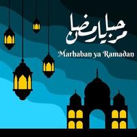 Marhaban ya Ramadhan Banner mit Kalligraphie, Moschee auf Pastellfarbe geeignet für Grußkarten, Flyer, Poster, Cover, Web, Social Media Post oder Geschichten vektor