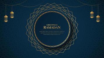 glücklich Ramadan kareem islamisch Arabisch Blau Luxus Hintergrund mit geometrisch Muster und Laternen vektor