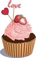 Cupcake mit reif Erdbeeren. eben legen Erdbeere Muffin Design Über Weiß. Vektor Illustration.