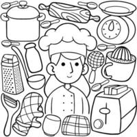 ein Linie Kunst Zeichnung von ein Koch mit verschiedene Artikel einschließlich ein Küche Ausrüstung. vektor