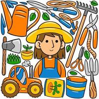 en tecknad serie av en jordbrukare med en uppsättning av lantbruk föremål. vektor