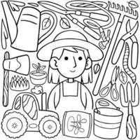 en linje konst teckning av en jordbrukare med olika objekt Inklusive en lantbruk Utrustning. vektor