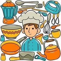 en tecknad serie av en kock med en uppsättning av kök föremål. vektor