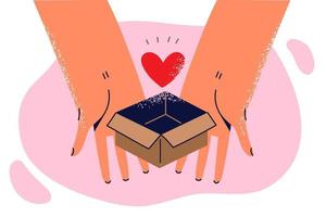 Hände von Person mit Herz im Geschenkbox symbolisieren Geschenk von geliebt einer zum Valentinsgrüße Tag oder Jahrestag von Datierung. Karton Box mit Herz zum Nächstenliebe und Gesundheitswesen Spende Konzept vektor