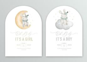 söt bebis dusch vattenfärg inbjudan kort för bebis och barn ny född firande. dess en flicka, dess en pojke kort med plysch leksak på de måne och moln. vektor