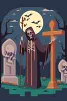 ein Karikatur von ein Skelett mit ein Sense im Vorderseite von ein Friedhof mit Fledermäuse und ein Kreuz. vektor