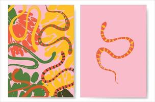 einstellen von Plakate mit Schlangen, Kakteen und Blumen. Reptilien mit Wüste Pflanzen. Vektor Schlangen im ein minimalistisch Stil.