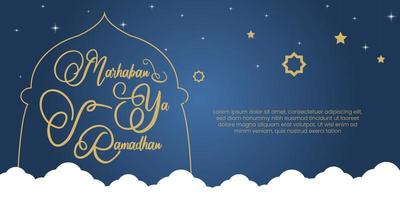 Ramadhan mubarak blå hälsningar. marhaban ya Ramadhan hälsning med hand text kalligrafi och illustration. översatt Lycklig helig ramadan vektor