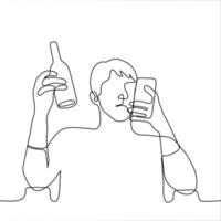 man drycker medan surfing uppkopplad. ett linje teckning av ett alkoholhaltig ser på de telefon medan läsning de Nyheter eller tittar på en video vektor