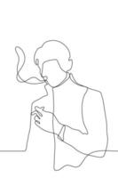 vektor teckning av en rökning man. en man i en täcka med kort hår andas ut rök och innehar en cigarett. ett kontinuerlig linje teckning av en rökare