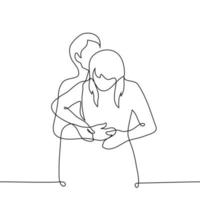 Mann Umarmungen ein Frau von hinter küssen ihr auf das Kopf, ein Frau nimmt seine Hände Weg - - einer Linie Zeichnung Vektor. Konzept heterosexuell Paar umarmen, Sexual- Belästigung, taktil und nicht taktil Person vektor