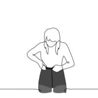 kvinna sätter på svart nylon- trikåer med hög midja - ett linje teckning vektor. begrepp kvinna i underkläder vektor
