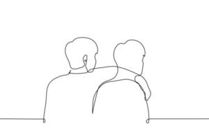 män stå omfamnar, se från de tillbaka - ett linje teckning vektor. begrepp vänner kramas vektor