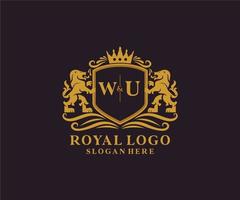 första wu brev lejon kunglig lyx logotyp mall i vektor konst för restaurang, kungligheter, boutique, Kafé, hotell, heraldisk, Smycken, mode och Övrig vektor illustration.