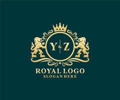 anfängliche yz-Buchstabe Lion Royal Luxury Logo-Vorlage in Vektorgrafiken für Restaurant, Lizenzgebühren, Boutique, Café, Hotel, heraldisch, Schmuck, Mode und andere Vektorillustrationen. vektor