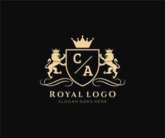 första ca brev lejon kunglig lyx heraldisk, vapen logotyp mall i vektor konst för restaurang, kungligheter, boutique, Kafé, hotell, heraldisk, Smycken, mode och Övrig vektor illustration.
