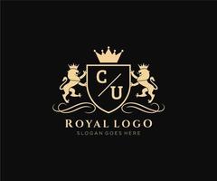 första cu brev lejon kunglig lyx heraldisk, vapen logotyp mall i vektor konst för restaurang, kungligheter, boutique, Kafé, hotell, heraldisk, Smycken, mode och Övrig vektor illustration.