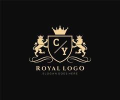 första cy brev lejon kunglig lyx heraldisk, vapen logotyp mall i vektor konst för restaurang, kungligheter, boutique, Kafé, hotell, heraldisk, Smycken, mode och Övrig vektor illustration.