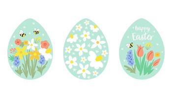 Blumen- Ostern Ei einstellen süß Eier mit Blume Sammlung. glücklich Ostern dekorativ Grafik Element isoliert. Frühling Urlaub Vektor Illustration. Ostern Ei mit Blumen- Ornament. Wiese Garten Blumen.