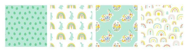 Ostern Regenbogen Hase Hase gestalten Muster Satz. glücklich Ostern Eier drucken Karotte nahtlos Hintergrund Sammlung. Frühling glücklich Ostern Hintergrund, Paket Design. Blumen- Karikatur Vektor Illustration.