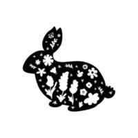 Blumen- Ostern Hase Silhouette. glücklich Ostern Hase schwarz Form. Bauernhaus Tier Form. Vektor Illustration. dekorativ Hase Silhouette Blumen. Karikatur Volk Stil Design zum glücklich Ostern Party.