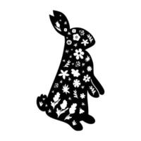 blommig påsk kanin silhuett. Lycklig påsk kanin svart form. bondgård djur- form. vektor illustration. dekorativ kanin silhuett blommor. tecknad serie folk stil design för Lycklig påsk fest.