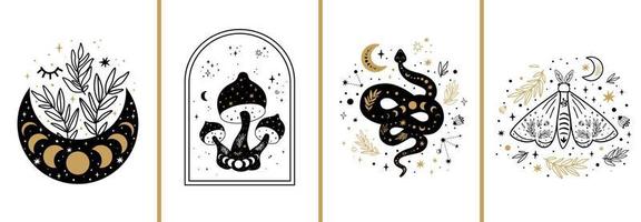 himmelsk kort uppsättning. mystisk boho blommig måne, svamp, fjäril, måne orm. mystiker himmelsk element samling. esoterisk logotyp. svart guld Färg trolldom baner blommig orm vektor illustration.