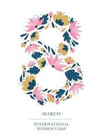 8 Mars internationell kvinnors dag hälsning kort, affisch, skriva ut, inbjudan dekorerad med blommig siffra 8 och text. eps 10 vektor