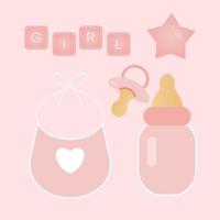 Baby Dusche Banner mit Flasche, Nippel, Lätzchen und Text Mädchen auf Rosa Hintergrund. es s ein Mädchen. vektor