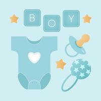 Baby Dusche Banner mit Kleid, Rassel, Nippel und Text Junge auf Blau Hintergrund. es s ein Junge. vektor