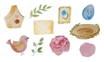 Sammlung Aquarell einstellen mit Blume Ranunkel, Rosa Vogel, Nest, Ei, Vogelhaus, Briefmarke, Briefumschlag und Grün Ast. vektor