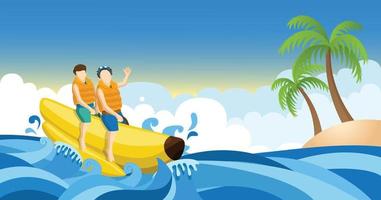 barn ridning banan båt i strand med kokos träd vektor