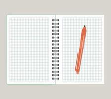 öppen anteckningsbok med röd penna. vektor illustration