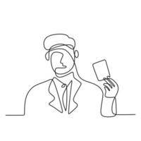 Geschäftsmann hält eine Visitenkarte oder Kreditkarte eine durchgehende Strichzeichnung auf weißem Hintergrund. junger Offizier Mann im Anzug bezahlen seine Einkäufe mit einer Kreditkarte. Kauf mit bargeldlosem Konzept vektor