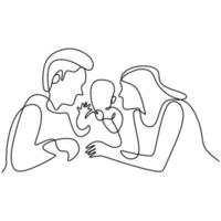 kontinuierliche einzeilige Zeichnung der glücklichen Familie. Vater, Mutter umarmen ihr Kind zusammen voller Wärme zu Hause isoliert auf weißem Hintergrund. Erziehungskonzept. Vektor-Illustration Minimalismus-Stil vektor